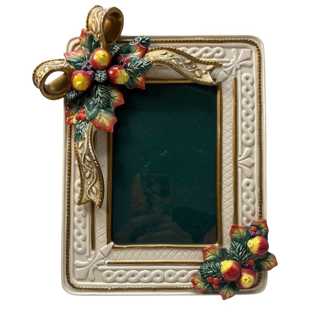 Fitz and Floyd Holiday Fruit and Bow Ceramic 4x6 Picture Frame Cream Gold